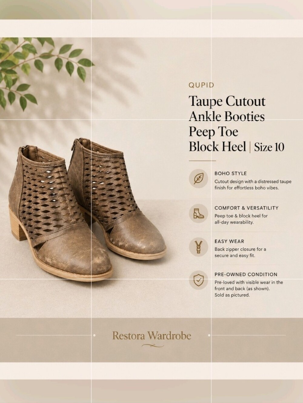 Qupid Taupe Cutout Ankle Booties Size 10 Peep Toe Block Heel